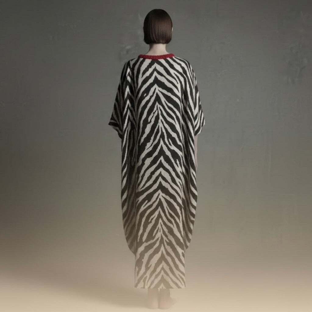 Soft Legacy – Zebra Print Kaftan with Embroidered Red Neckline
A refined Atelier Hekayat piece designed to balance clean lines with bold, expressive detail.