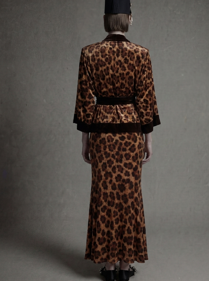 The Unseen Signature-A signature Atelier Hekayat Leopard Velvet Set – Structured Jacket & Flowing Skirt