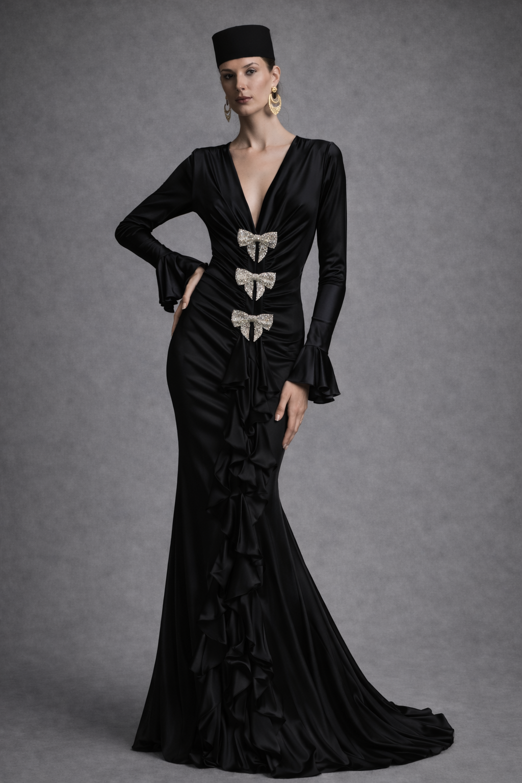 Woman wearing a black evening gown with ruffles and bows on a gray background