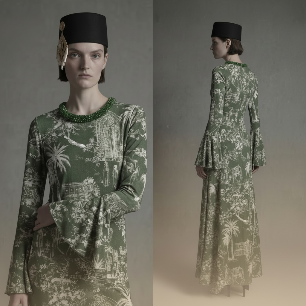 Priceless, Unseen – Green Toile de Jeddah printed Dress

A signature Atelier Hekayat piece defined by the iconic Toile de Jeddah print, inspired by Saudi heritage.