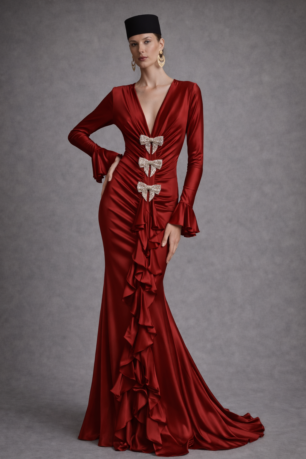 Woman wearing a red evening gown with ruffles on a gray background
