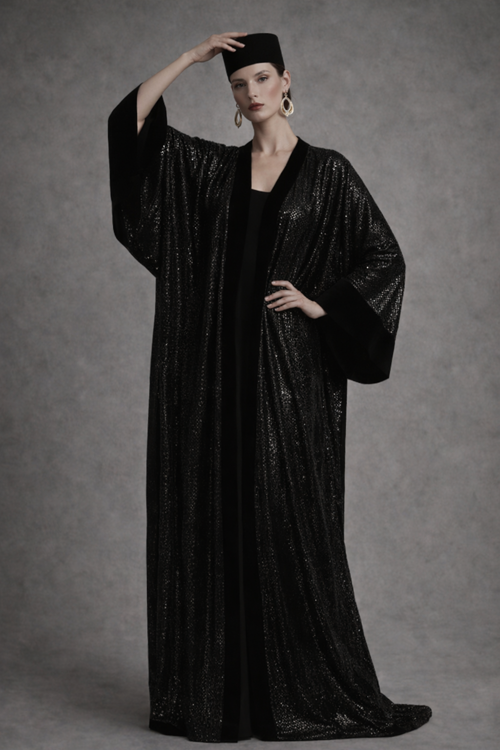 Woman wearing a black dress with a matching headscarf against a gray background